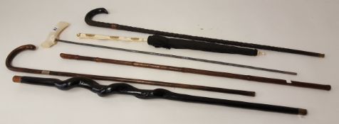 Collection of walking sticks including a carved bamboo stick (6)