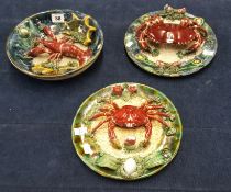 Three Palissy type plates with lobsters, diameter 23cm