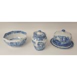 Modern Italian Spode blue and white cheese dome, jar and fruit bowl (3)