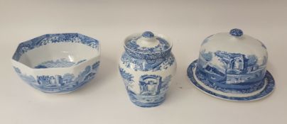 Modern Italian Spode blue and white cheese dome, jar and fruit bowl (3)