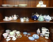 Various ornaments and figures including Nao, porcelain cups and saucers, miniature modern service