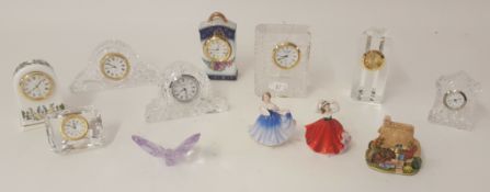 Collection of modern Lead Crystal clocks also Doulton miniature ladies, other crystal ornaments