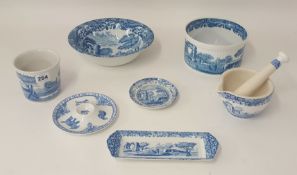 Modern Italian Spode blue and white including bowl, jars, egg holder, mortar and pestle (7)