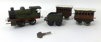 Hornby O Gauge loco and tender, G.N.R. and two wagons and key, tinplate and clockwork