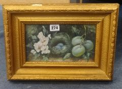 A pair Edwardian still life oil paintings in original gilt frames, 14cm x 23cm.