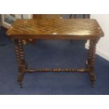 Victorian side table with cuboid parquetry inlay on bobbin turned supports, 90cm x 44cm.