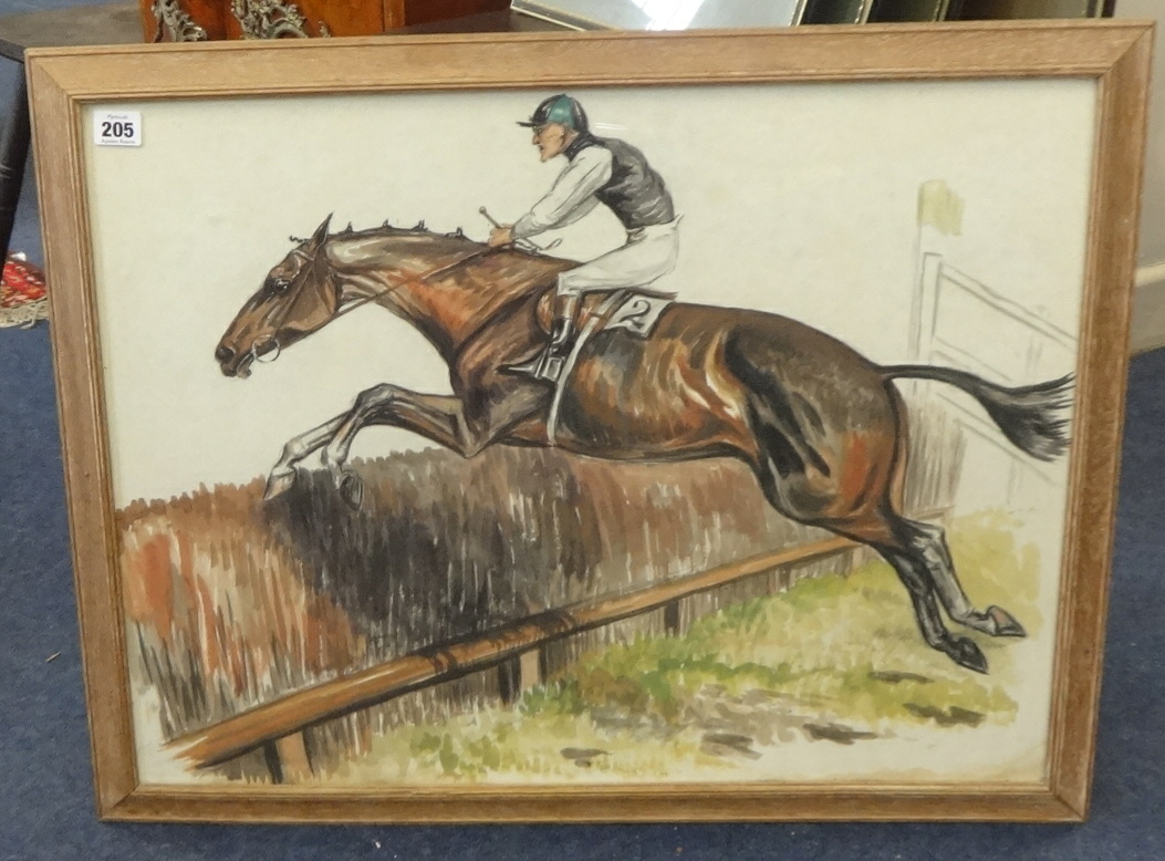 Peter Cracknell, horse racing silhouette scene and unsigned watercolour, Steeple Chase (2), the