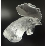 Tete De Coq, a Lalique part frosted glass mascot, on a circular plinth, engraved mark Lalique