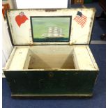 19th century green painted sea chest, the underlid decorated with an American marine scene.
