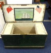 19th century green painted sea chest, the underlid decorated with an American marine scene.