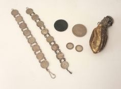 Various items including coins, silver threepenny bracelets etc.