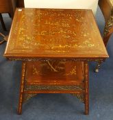 A hardwood square two tier table inlaid decorated with Chinese scenes, (split to top)