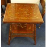 A hardwood square two tier table inlaid decorated with Chinese scenes, (split to top)