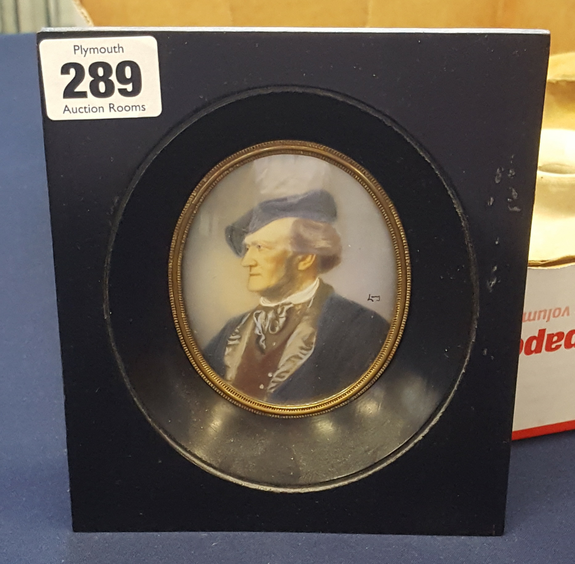 20th Century portrait miniature of a gentleman in black frame, 16cm x 13cm.