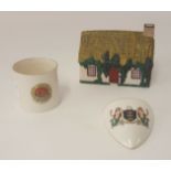 W.H.Goss model of a Manx Cottage, also W.H.Goss Boston wall pocket and another crested pot (3).