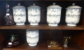 Five blue and white Sarreguemines Alphand spice jars, each named, also some coloured glassware