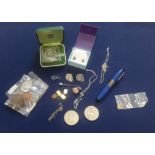 A collection of items including coins 1972 crown, necklaces, earrings, fountain pen etc