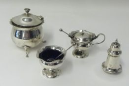 Silver blue glass lined salt with spoon, mustard blue glass lined with spoon, pepper pot and pot