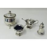Silver blue glass lined salt with spoon, mustard blue glass lined with spoon, pepper pot and pot