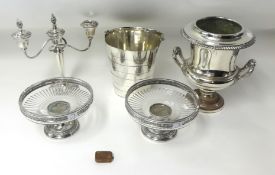 Silver plated collection including a wine cooler, ice bucket, candleholder with 2 branches, 2