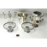 Silver plated collection including a wine cooler, ice bucket, candleholder with 2 branches, 2