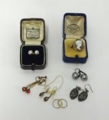 A pair of amethyst and gold earrings, a 9ct cameo ring and other general jewellery.