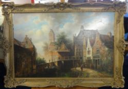 A Continental School oil on panel of a Dutch Town Scene, 20th century, 39cm x 59cm.