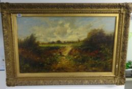 Victorian oil on canvas 'Windmill Landscape' 45cm x 80cm.