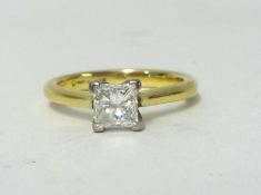 An 18ct diamond set solitaire ring, the princess cut diamond approx 0.75 ct, colour K/L, clarity VSI