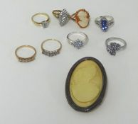 Three silver rings, five gold rings and a brooch.