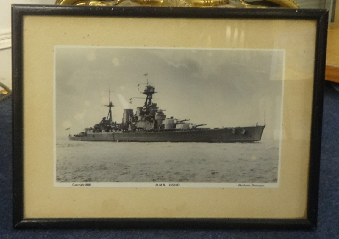 Three Naval photographic prints, 'HMS Hood, HMS Rodney & Queen Elizabeth', 12cm x 20cm,.