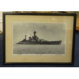Three Naval photographic prints, 'HMS Hood, HMS Rodney & Queen Elizabeth', 12cm x 20cm,.