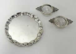 A silver waiter, approx 4oz, also 2 glass dishes with silver handles.
