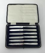 JD & S, a set of six cake knives with silver blades and mother of pearl handles, cased.