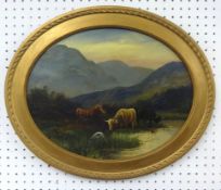Late Victorian, oil on board, a pair of highland scenes in oval frames, approx 38cm x 49cm.