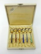 A Norwegian sterling silver set of six enamelled tea spoons, cased.