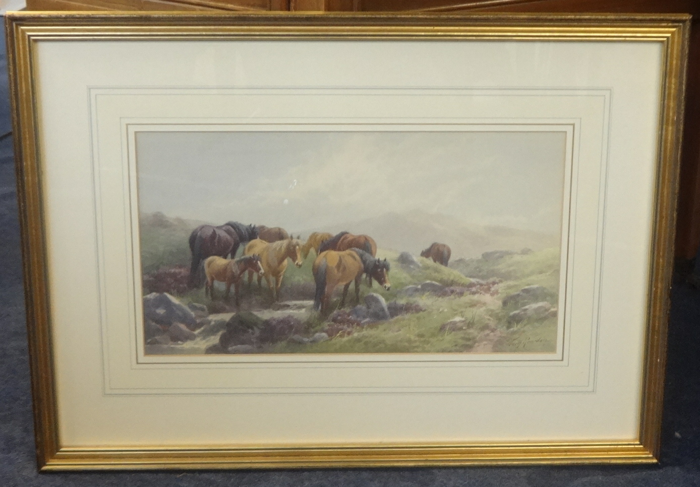 Thomas Rowden (Born Exeter 1842-1926) 'Dartmoor Ponies' , a signed watercolour, 20cm x 37cm.