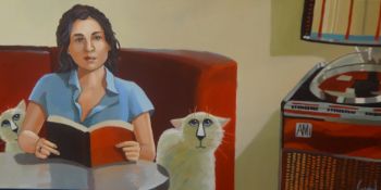 Lee Woods, 'Lady with Juke Box' signed oil on canvas, 100cm x 50cm .