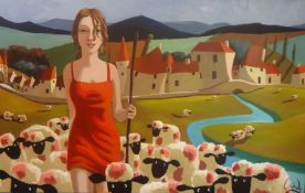 Lee Woods, 'Lady with Sheep' signed oil on board, 76cm x 121.50cm