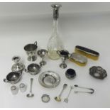 A collection of Victorian and later silver items including a pair of table salts, a silver mounted