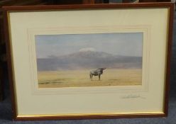 David Shepherd, print 'Mount Kilimanjaro, Wildebeest in Foreground ', signed on the mount, 16cm x
