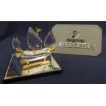 Swarovski Crystal Glass Gold and Crystal Galleon + Mirror Stand.
