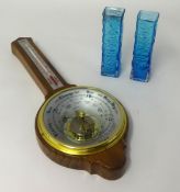 Two Whitefriars blue glass small vases and a modern barometer.