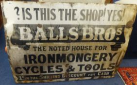 A vintage large enamel sign, 94cm x 122cm, 'Balls Bros, Ironmongery Cycles & Tools', The company are