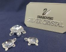 Swarovski Crystal Glass Mother and two baby Turtles.