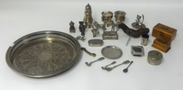 A silver sugar castor, silver condiments and various silver plated wares also Mauchlin wares