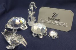 Swarovski Crystal Glass Collection of Sea Creatures comprising Sea Horse on rock, Large+ Medium+