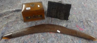 A small walnut jewellery box, an oak firecsreen and a carved wood fabric stamp also two brass dogs