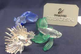 Swarovski Crystal Glass Blue and Green Siamese Fighting Fish + Flying Fish. (3)