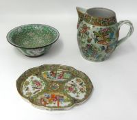 A Chinese porcelain tea pot, tray and enamelled bowl (3).